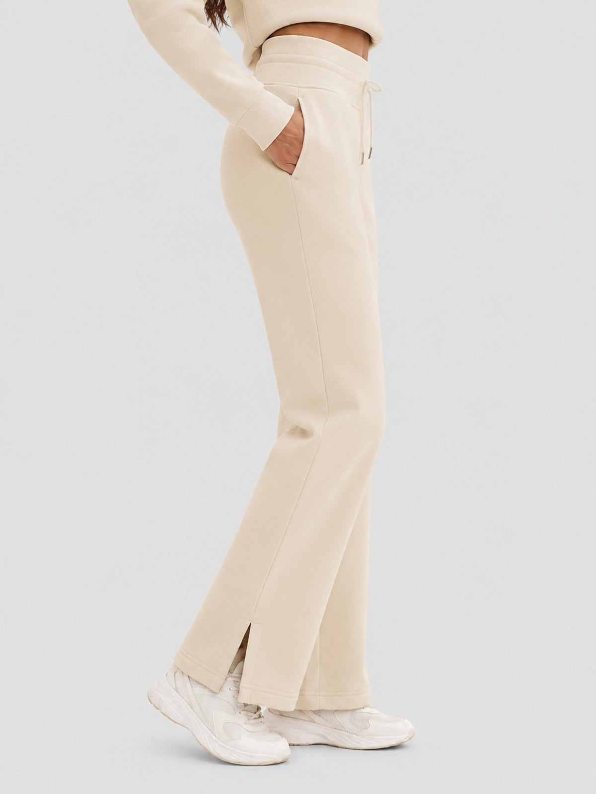 YUCOLEN Women's Fleece Lined Wide Leg Sweatpants Thermal Cotton Lounge Pants with Side Slits in Light Apricot