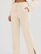 YUCOLEN Women's Fleece Lined Wide Leg Sweatpants Thermal Cotton Lounge Pants with Side Slits in Light Apricot