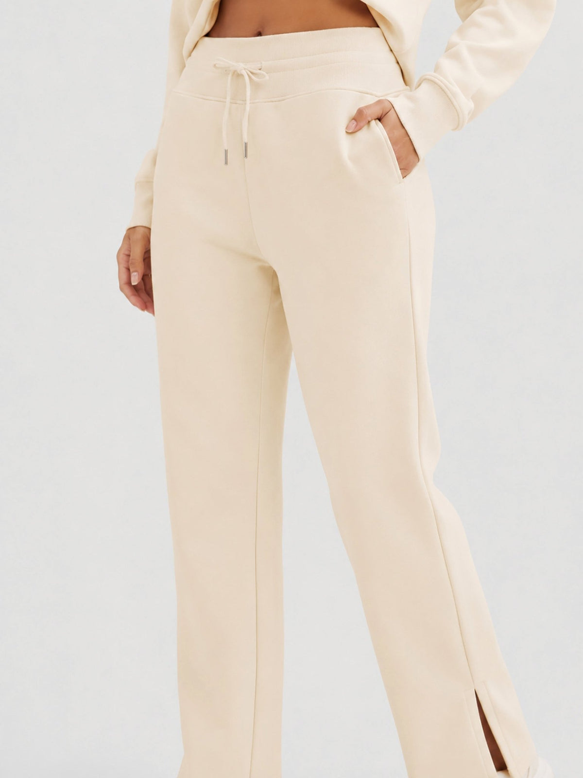 YUCOLEN Women's Fleece Lined Wide Leg Sweatpants Thermal Cotton Lounge Pants with Side Slits in Light Apricot