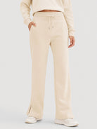 YUCOLEN Women's Fleece Lined Wide Leg Sweatpants Thermal Cotton Lounge Pants with Side Slits in Light Apricot