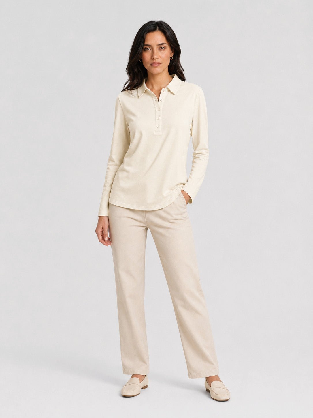 YUCOLEN Women's Long Sleeve Golf Shirt Breathable Cotton Blend 5-Button Top in Light Apricot