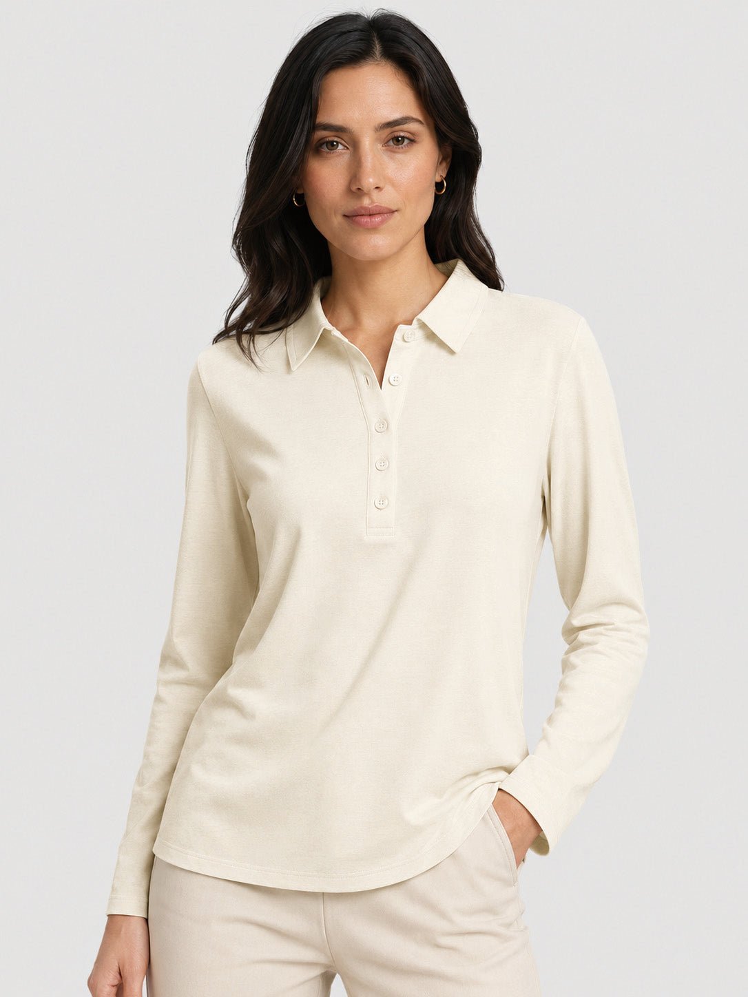 YUCOLEN Women's Long Sleeve Golf Shirt Breathable Cotton Blend 5-Button Top in Light Apricot