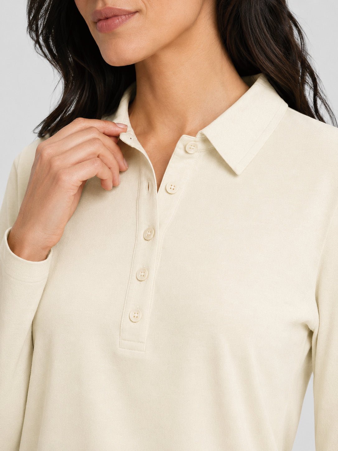 YUCOLEN Women's Long Sleeve Golf Shirt Breathable Cotton Blend 5-Button Top in Light Apricot