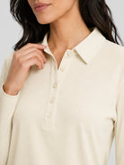 YUCOLEN Women's Long Sleeve Golf Shirt Breathable Cotton Blend 5-Button Top in Light Apricot
