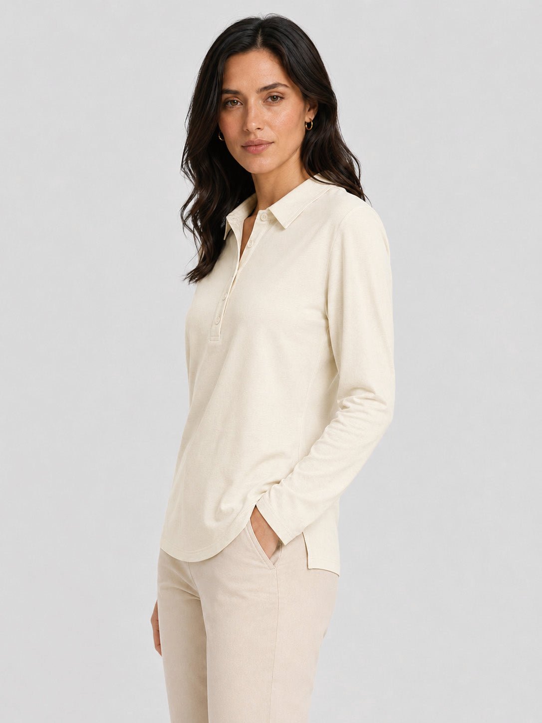 YUCOLEN Women's Long Sleeve Golf Shirt Breathable Cotton Blend 5-Button Top in Light Apricot