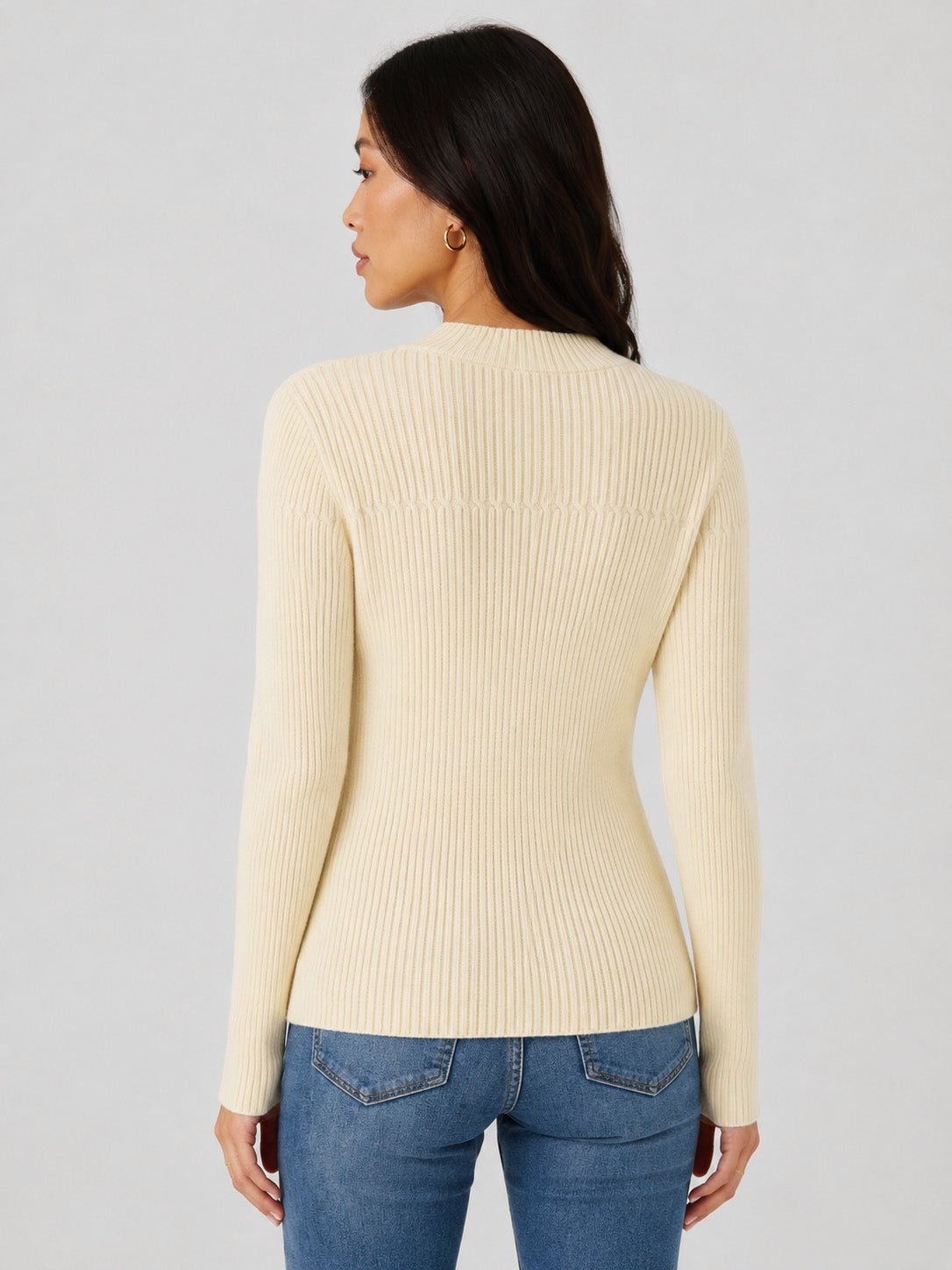 YUCOLEN Women's Mock Neck Ribbed Slim Fit Sweater Soft Wool Blend Pullover in Light Apricot