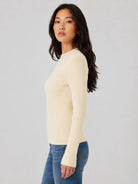 YUCOLEN Women's Mock Neck Ribbed Slim Fit Sweater Soft Wool Blend Pullover in Light Apricot