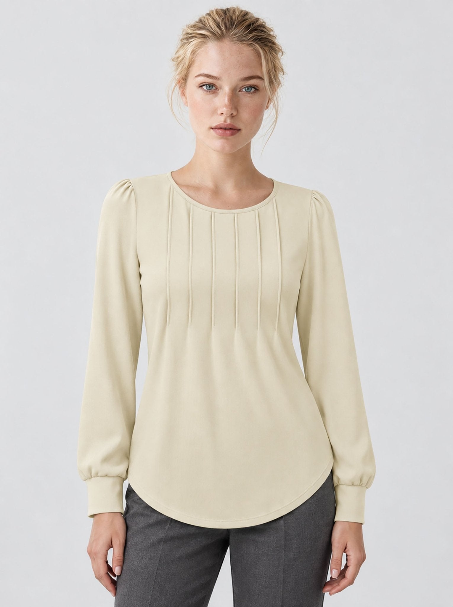 YUCOLEN Womens Pleated Puff Sleeve Crew Neck Long Sleeve Tunic Top in Light Apricot