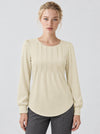 YUCOLEN Womens Pleated Puff Sleeve Crew Neck Long Sleeve Tunic Top in Light Apricot