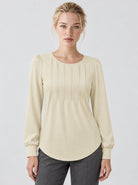 YUCOLEN Womens Pleated Puff Sleeve Crew Neck Long Sleeve Tunic Top in Light Apricot