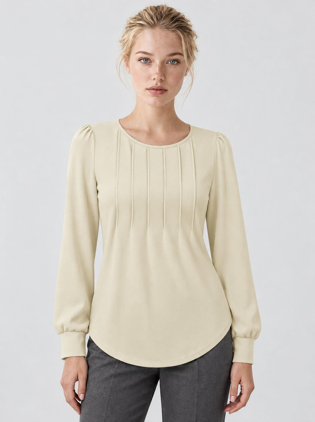 YUCOLEN Womens Pleated Puff Sleeve Crew Neck Long Sleeve Tunic Top in Light Apricot