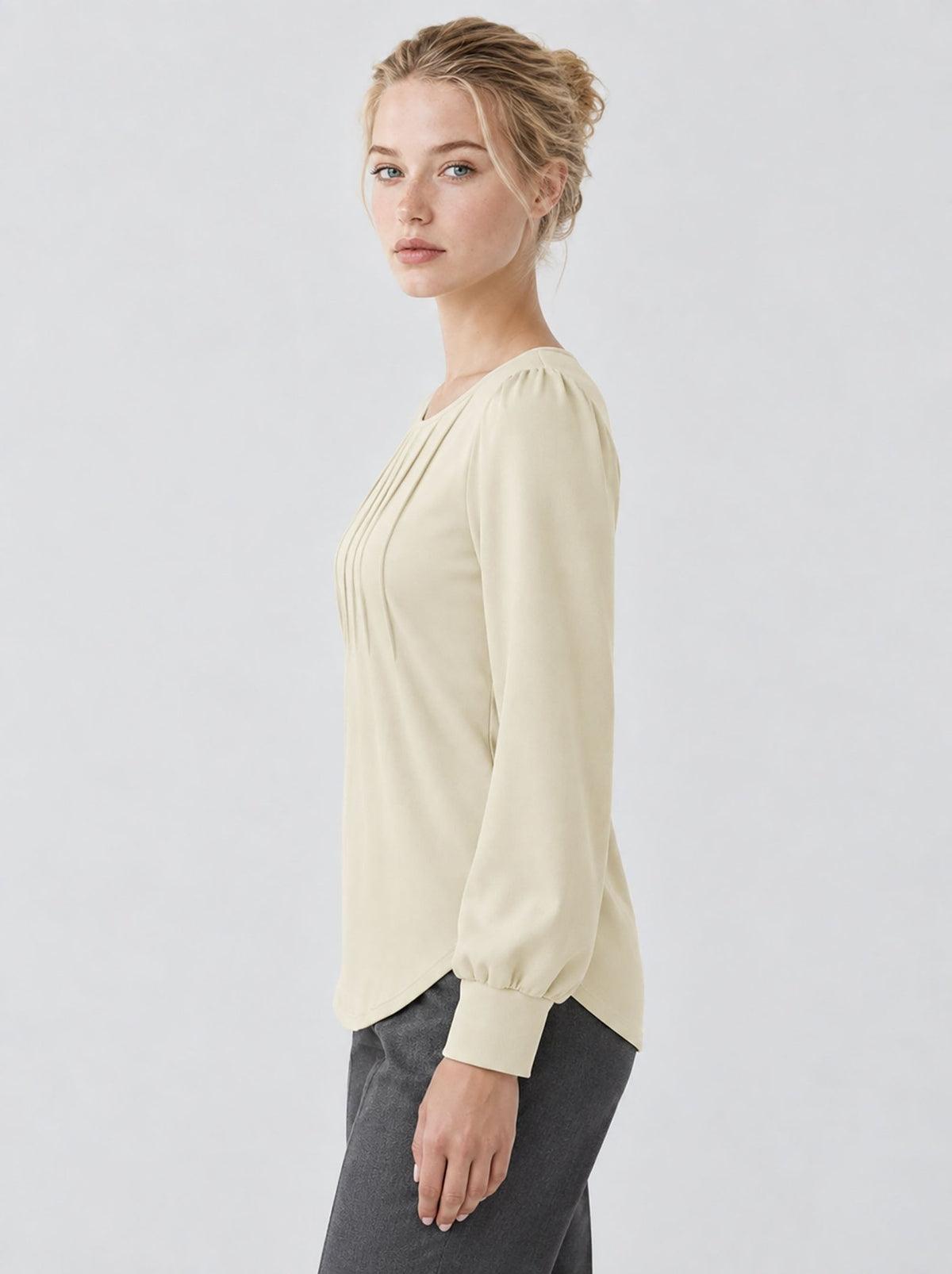 YUCOLEN Womens Pleated Puff Sleeve Crew Neck Long Sleeve Tunic Top in Light Apricot