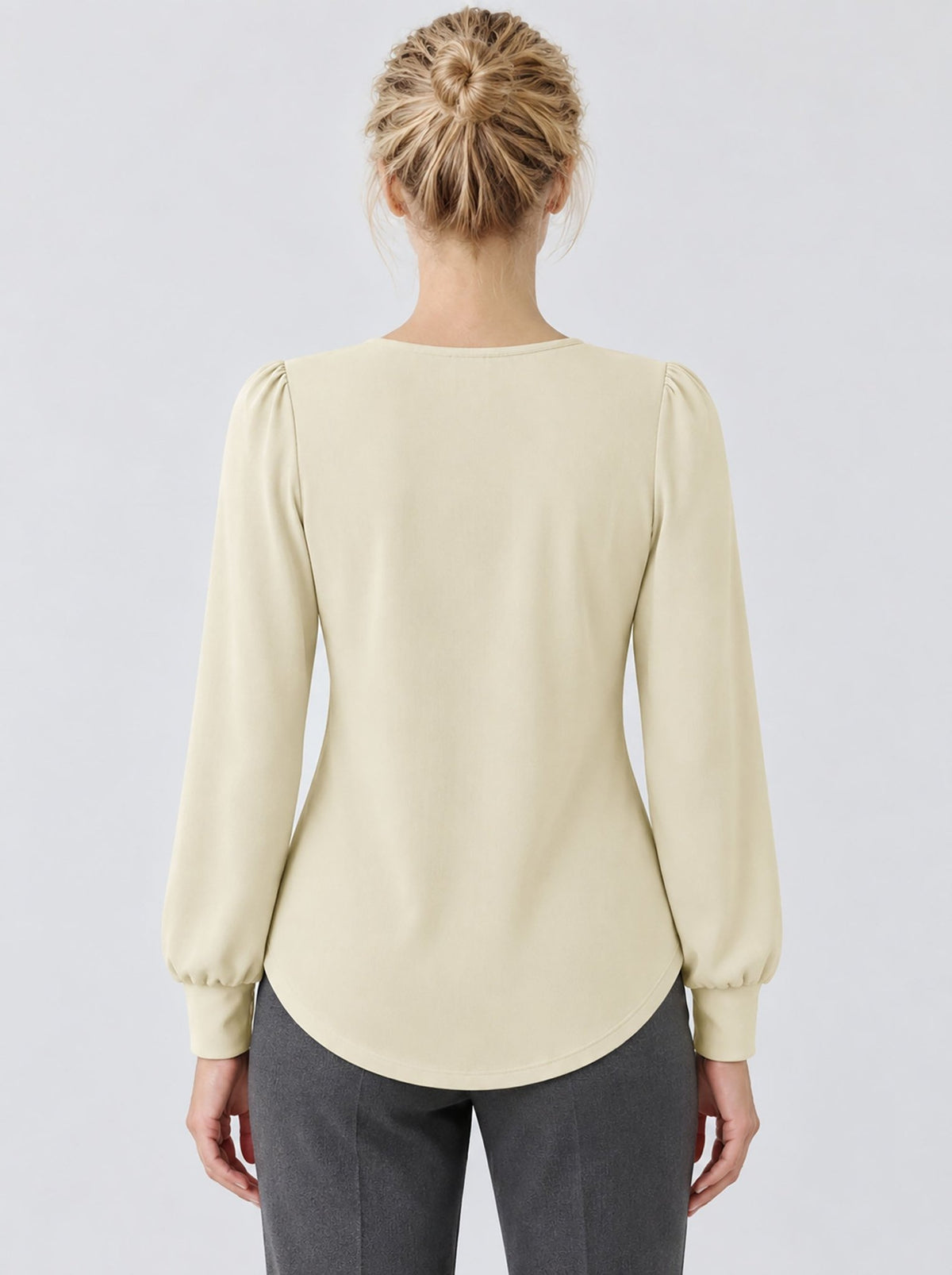 YUCOLEN Womens Pleated Puff Sleeve Crew Neck Long Sleeve Tunic Top in Light Apricot