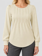 YUCOLEN Womens Pleated Puff Sleeve Crew Neck Long Sleeve Tunic Top in Light Apricot