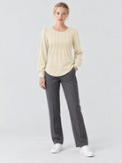 YUCOLEN Womens Pleated Puff Sleeve Crew Neck Long Sleeve Tunic Top in Light Apricot