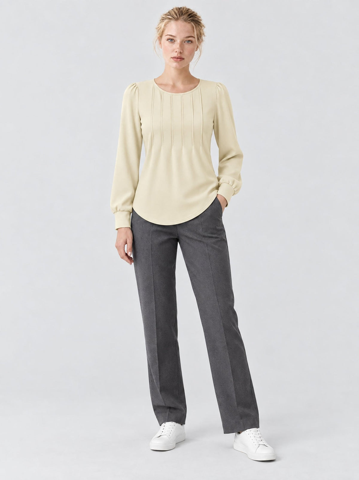 YUCOLEN Womens Pleated Puff Sleeve Crew Neck Long Sleeve Tunic Top in Light Apricot