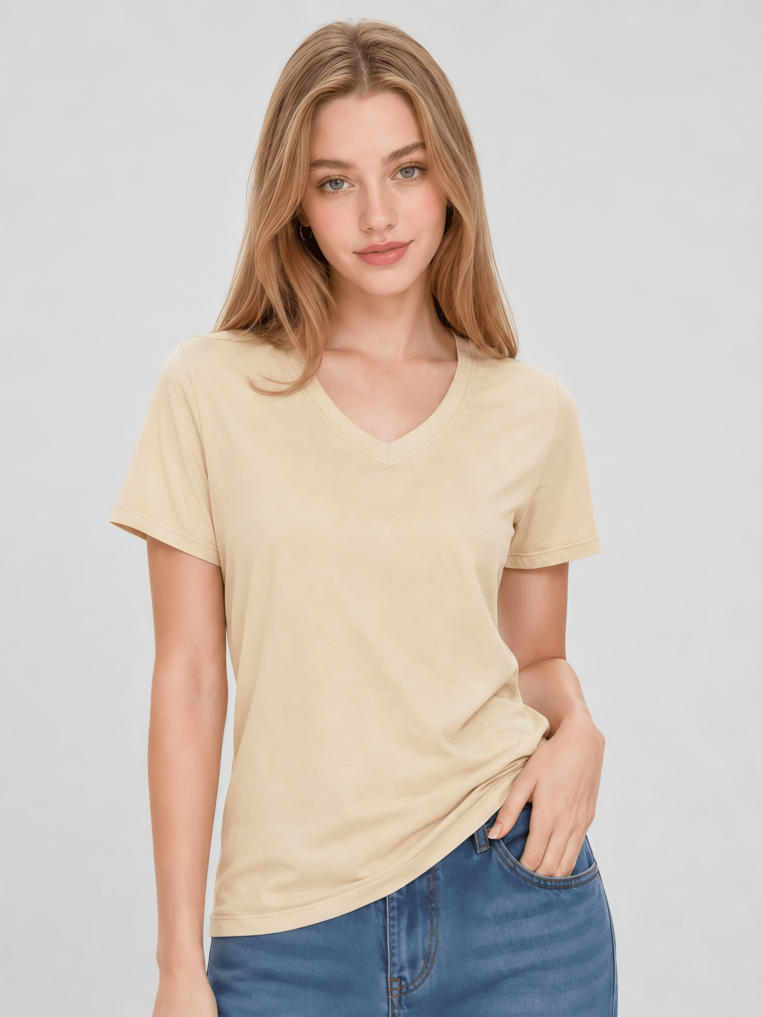YUCOLEN Women's Premium Cotton V-Neck T-Shirt Breathable Tag-Free Short Sleeve Tee in Light Apricot