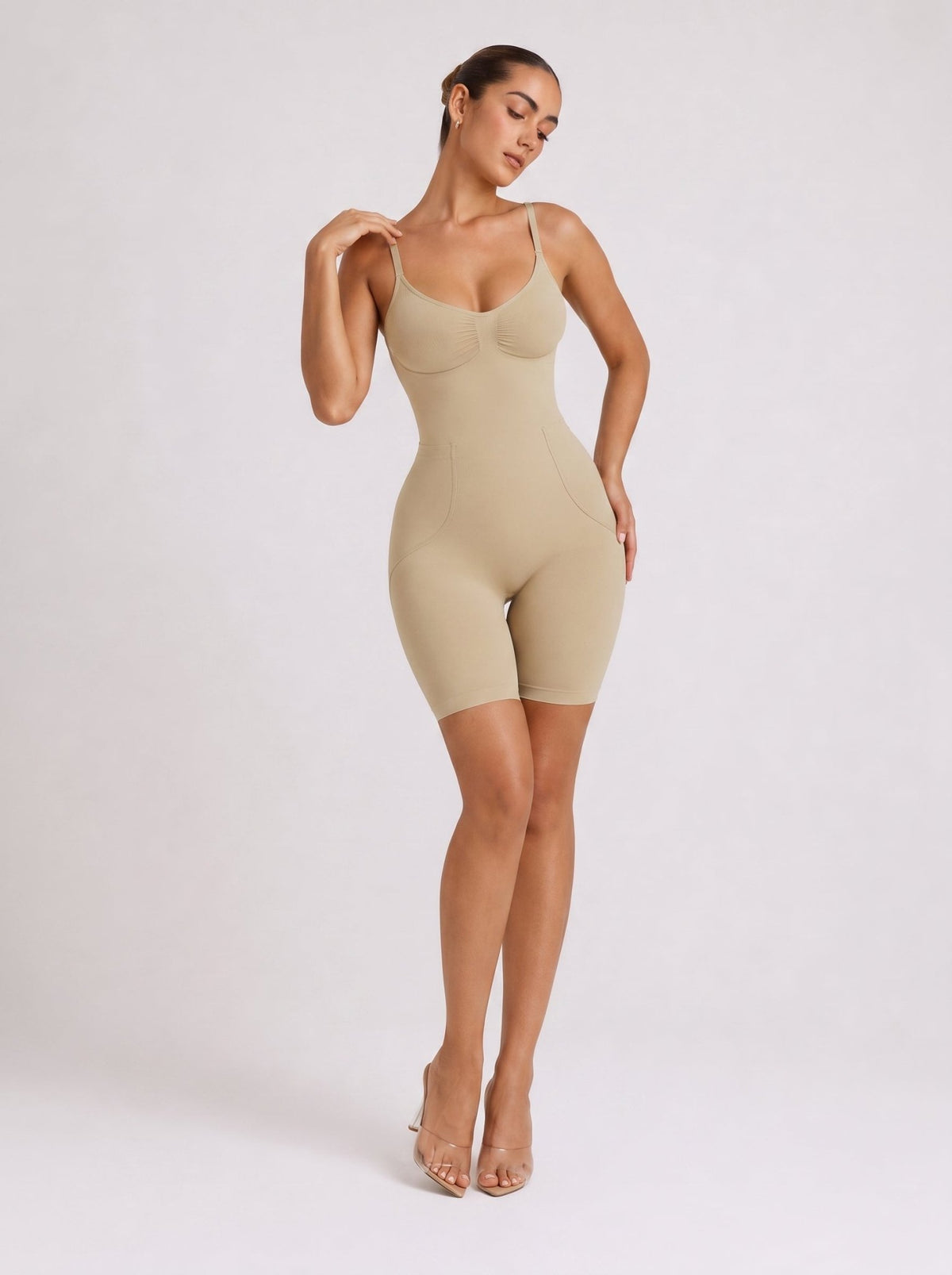 YUCOLEN Women's Seamless Tummy Control Bodysuit with Back Pull-Down Design in Light Apricot
