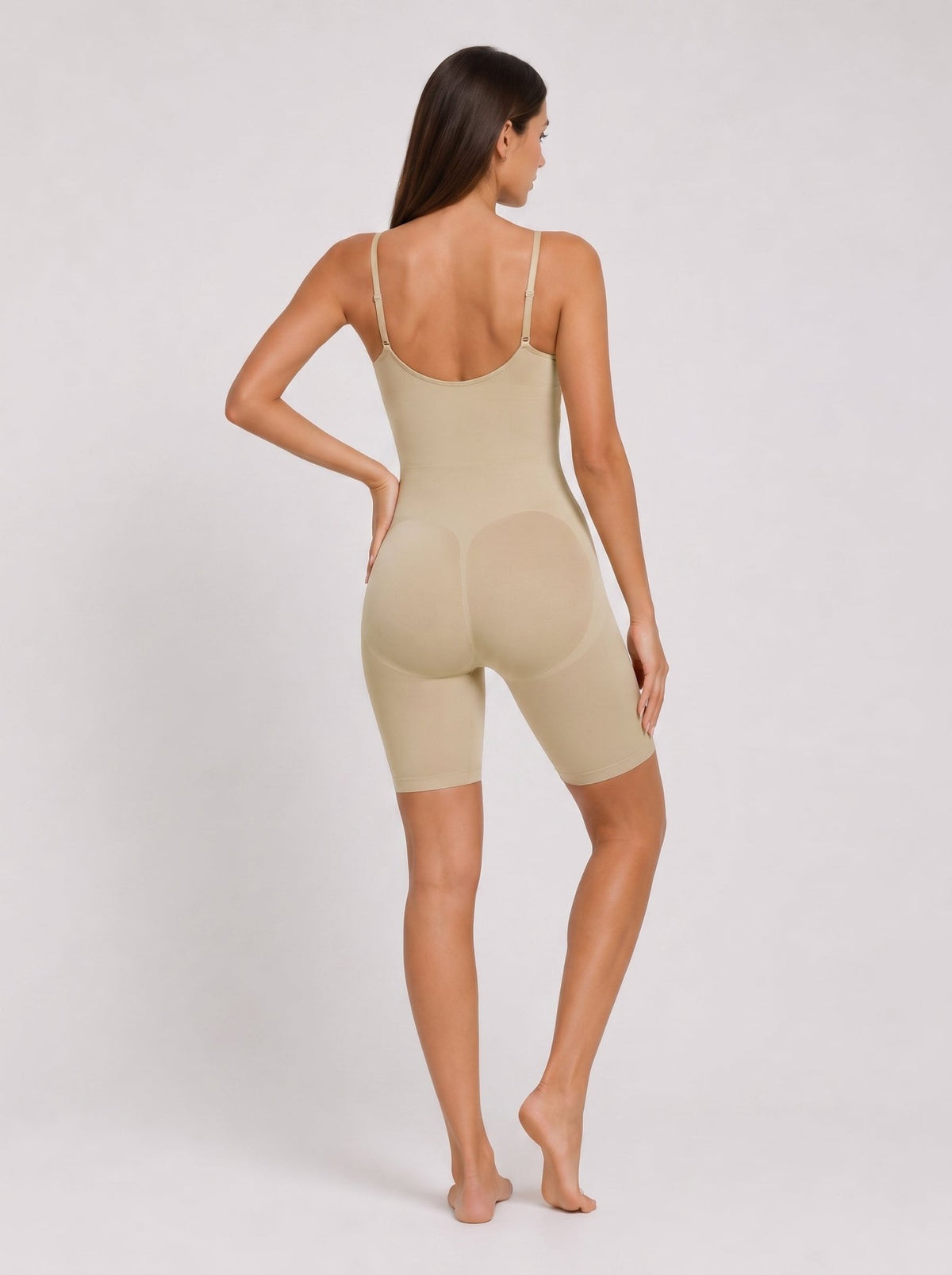YUCOLEN Women's Seamless Tummy Control Bodysuit with Back Pull-Down Design in Light Apricot