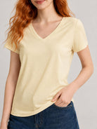 YUCOLEN Women's UPF 50+ V Neck T-Shirt Soft Tri-Blend Sun Protection Performance Tee in Light Apricot