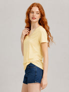 YUCOLEN Women's UPF 50+ V Neck T-Shirt Soft Tri-Blend Sun Protection Performance Tee in Light Apricot