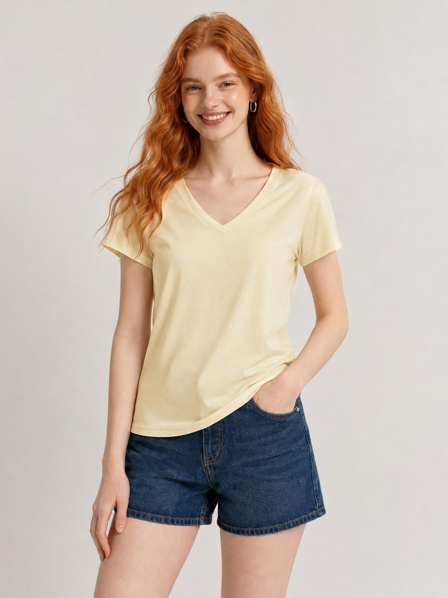 YUCOLEN Women's UPF 50+ V Neck T-Shirt Soft Tri-Blend Sun Protection Performance Tee in Light Apricot