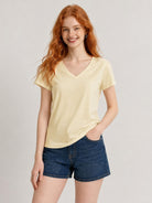 YUCOLEN Women's UPF 50+ V Neck T-Shirt Soft Tri-Blend Sun Protection Performance Tee in Light Apricot