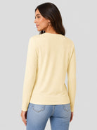 YUCOLEN Women's V Neck Long Sleeve Shirt Cotton Blend Soft Performance Tee in Light Apricot