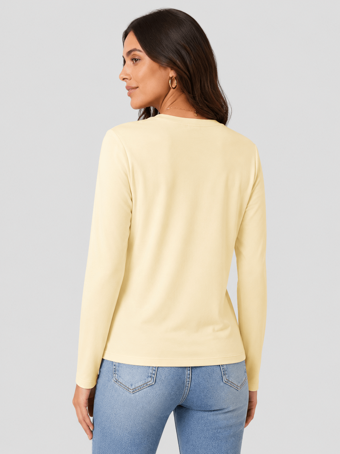 YUCOLEN Women's V Neck Long Sleeve Shirt Cotton Blend Soft Performance Tee in Light Apricot