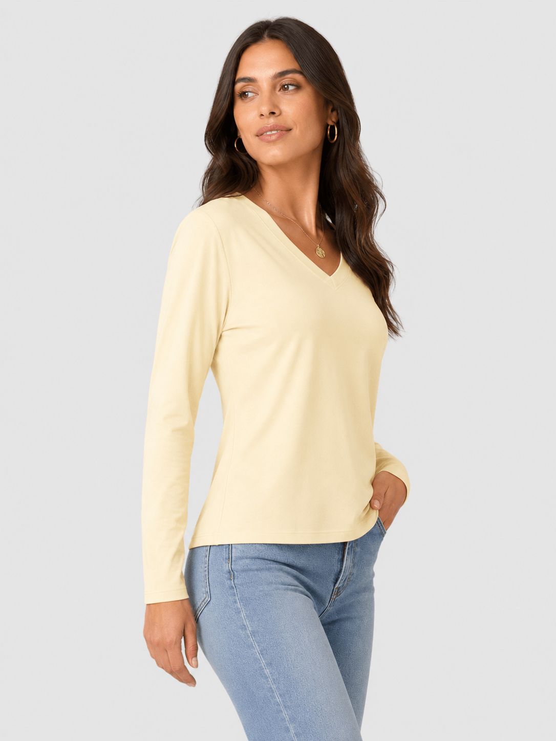 YUCOLEN Women's V Neck Long Sleeve Shirt Cotton Blend Soft Performance Tee in Light Apricot