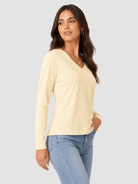 YUCOLEN Women's V Neck Long Sleeve Shirt Cotton Blend Soft Performance Tee in Light Apricot