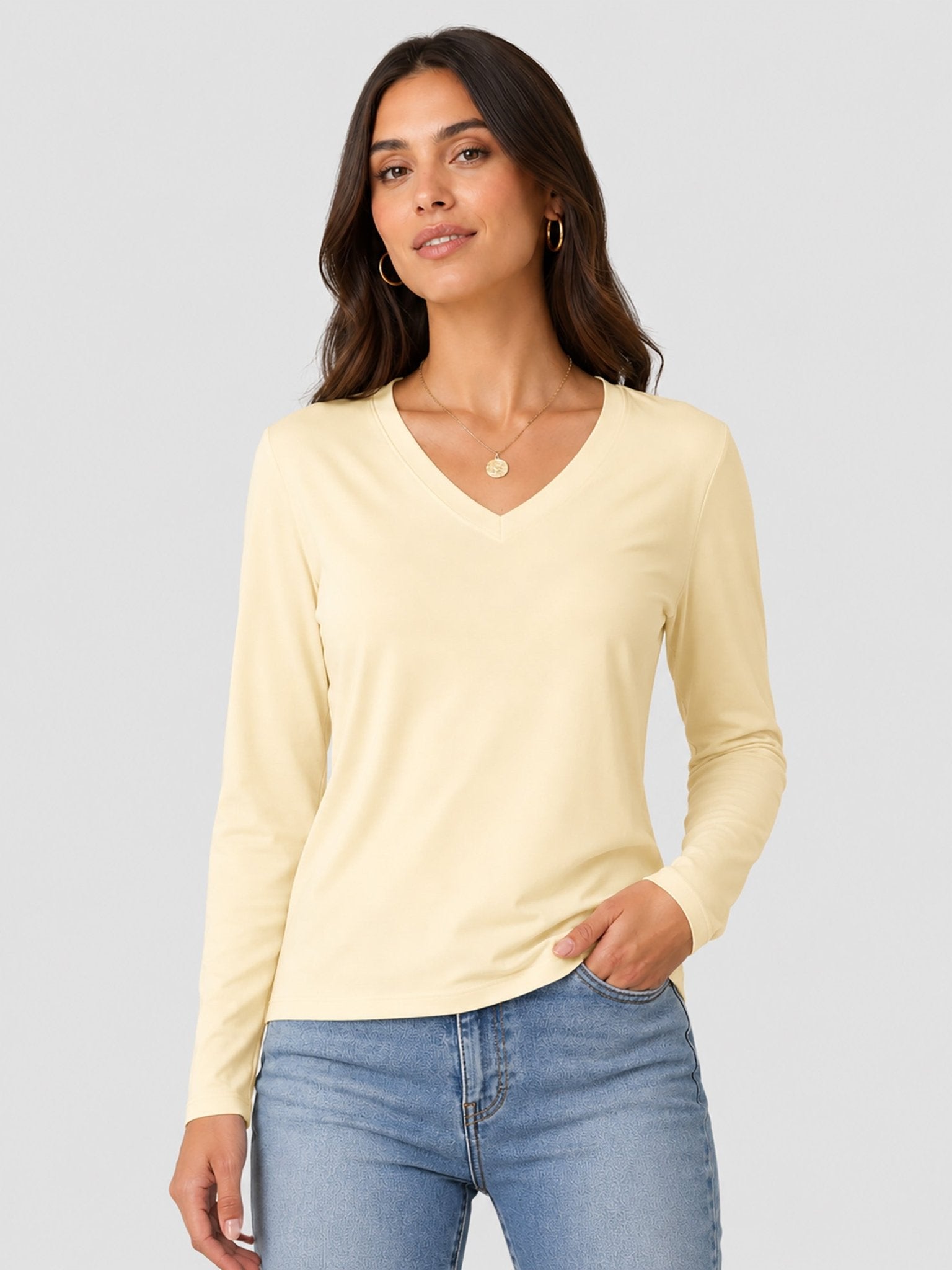 YUCOLEN Women's V Neck Long Sleeve Shirt Cotton Blend Soft Performance Tee in Light Apricot