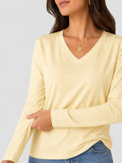 YUCOLEN Women's V Neck Long Sleeve Shirt Cotton Blend Soft Performance Tee in Light Apricot