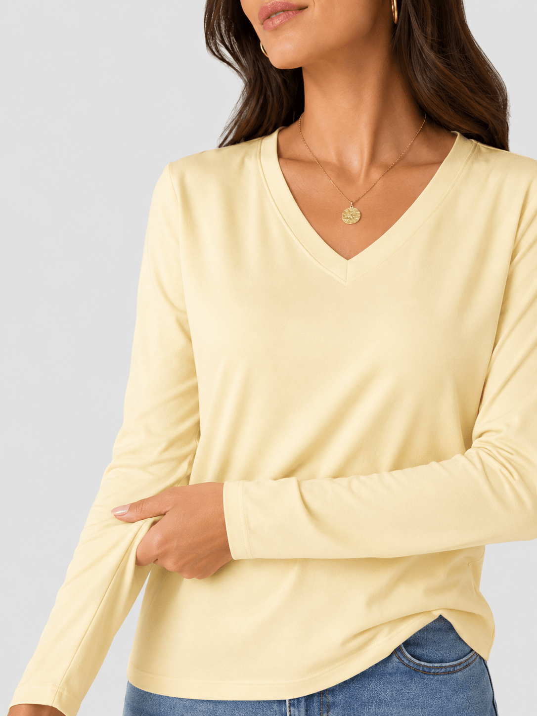 YUCOLEN Women's V Neck Long Sleeve Shirt Cotton Blend Soft Performance Tee in Light Apricot
