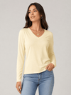 YUCOLEN Women's V Neck Long Sleeve Shirt Cotton Blend Soft Performance Tee in Light Apricot