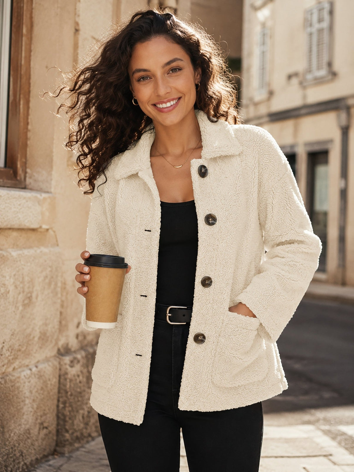 YUCOLEN Women‘s Button Down Fleece Jacket Soft Fuzzy Lapel Collar Coat with Pockets in Light Beige