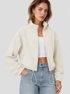 YUCOLEN Women's Cropped Fleece Jacket Full Zip Lightweight Workout Coat in Light beige