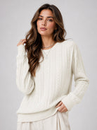YUCOLEN Women's Lightweight Cable Knit Sweater Soft Crew Neck Fisherman Pullover Top in Light Beige