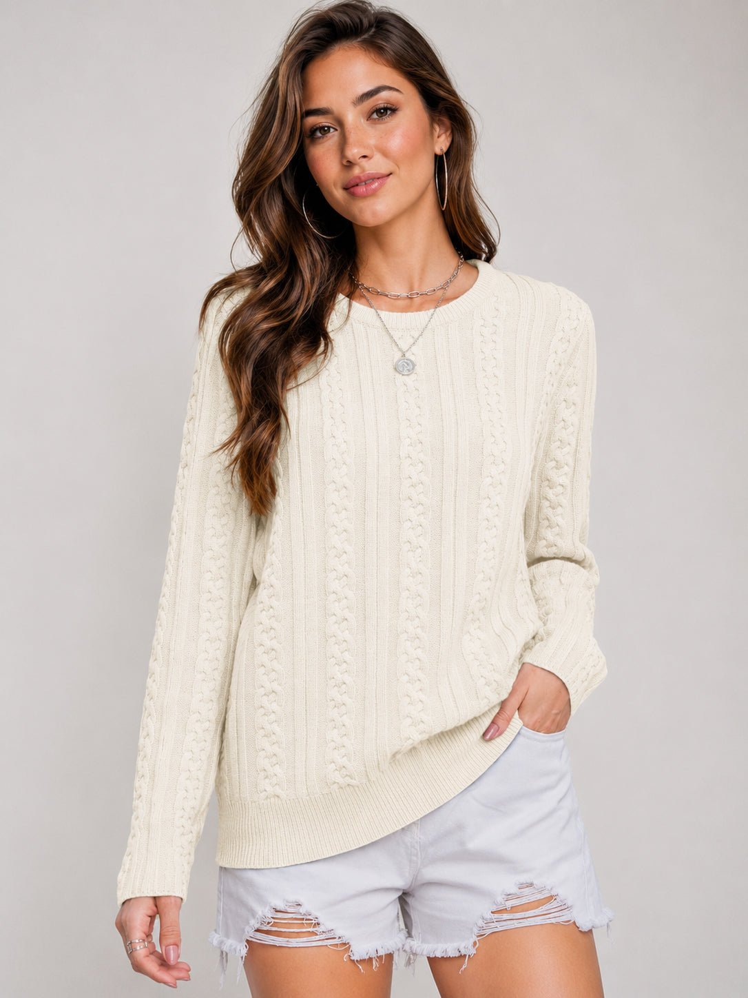 YUCOLEN Women's Lightweight Cable Knit Sweater Soft Crew Neck Fisherman Pullover Top in Light Beige