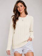 YUCOLEN Women's Lightweight Cable Knit Sweater Soft Crew Neck Fisherman Pullover Top in Light Beige