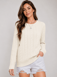 YUCOLEN Women's Lightweight Cable Knit Sweater Soft Crew Neck Fisherman Pullover Top in Light Beige