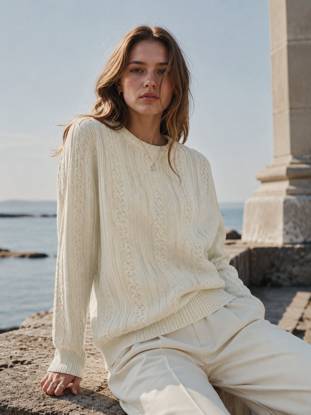 YUCOLEN Women's Lightweight Cable Knit Sweater Soft Crew Neck Fisherman Pullover Top in Light Beige
