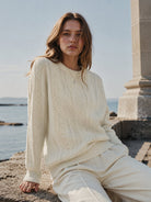 YUCOLEN Women's Lightweight Cable Knit Sweater Soft Crew Neck Fisherman Pullover Top in Light Beige