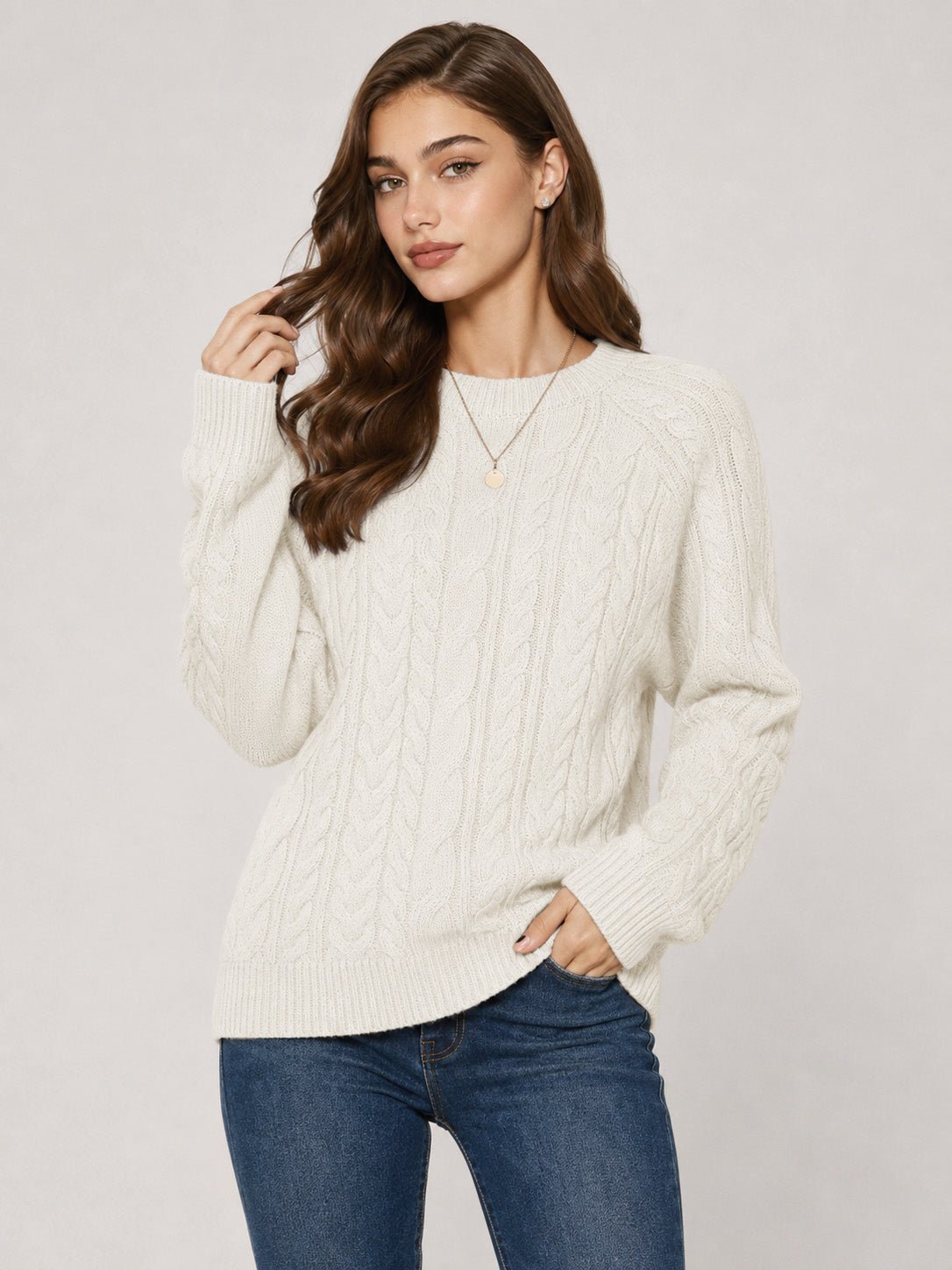 YUCOLEN Women's Oversized Cable Knit Sweater Soft Chunky Crew Neck Pullover Top in Light beige