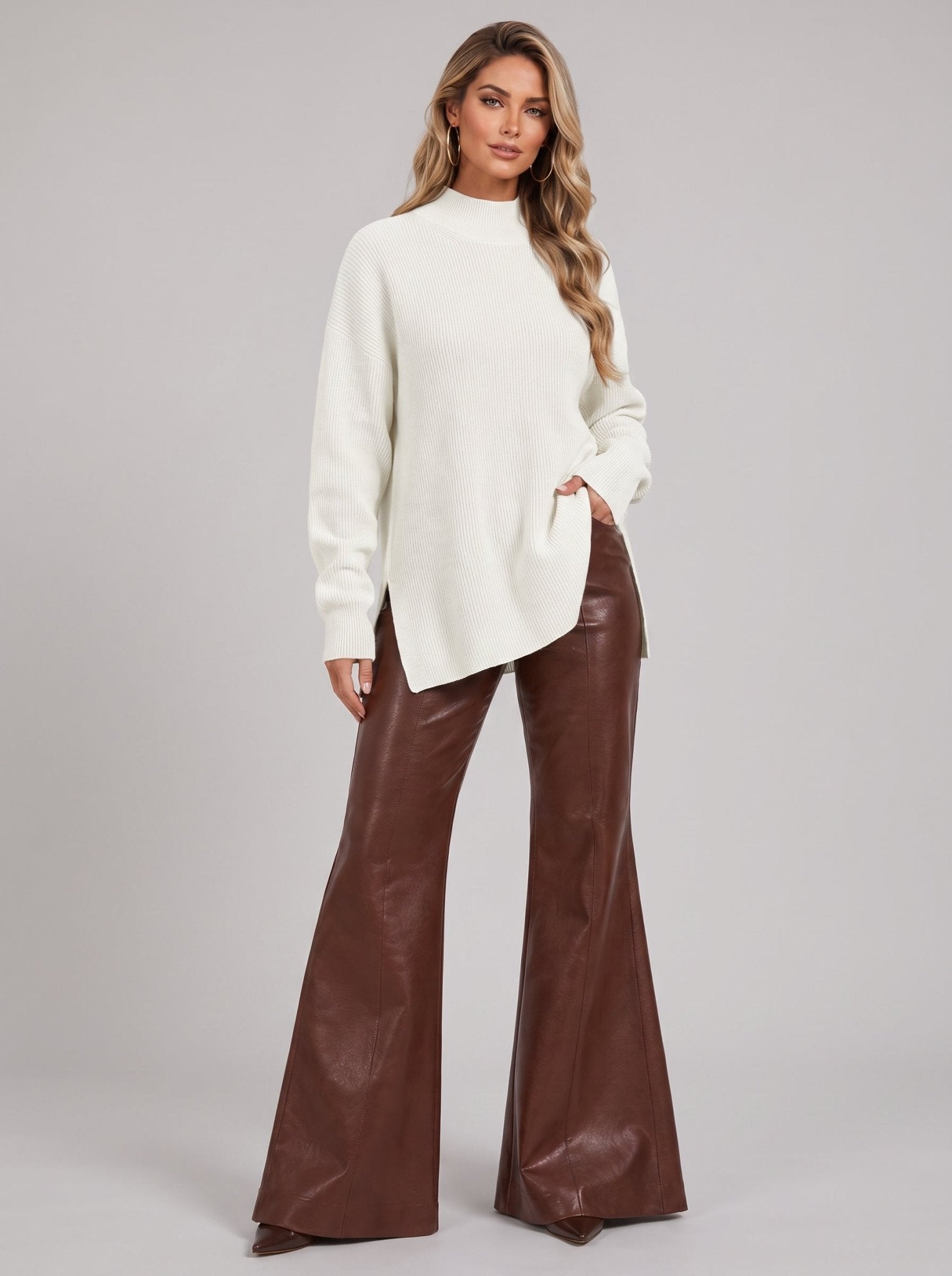 YUCOLEN Women's Oversized Ribbed Knit Turtleneck Pullover with Side Slit in Light beige