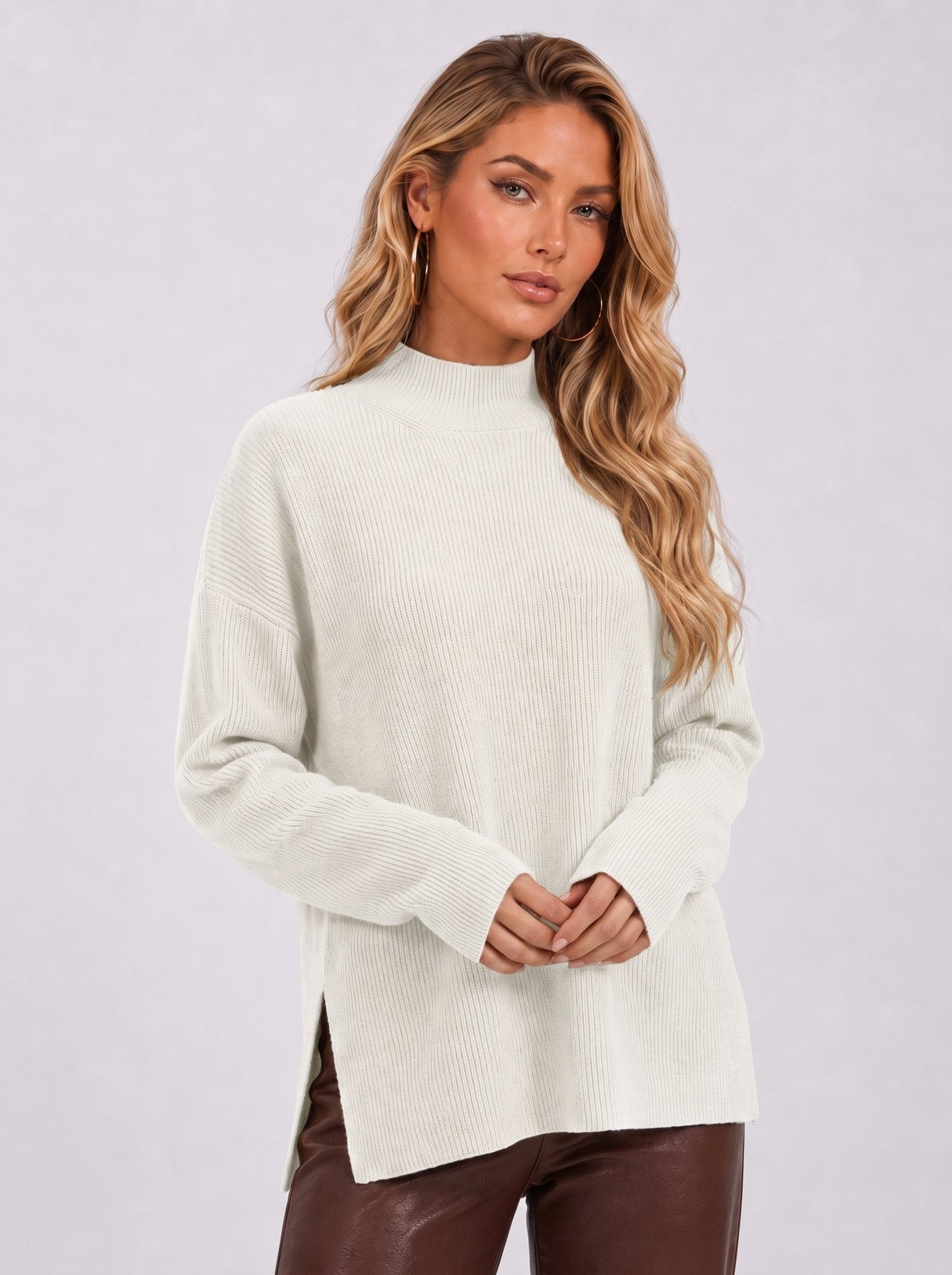 YUCOLEN Women's Oversized Ribbed Knit Turtleneck Pullover with Side Slit in Light beige