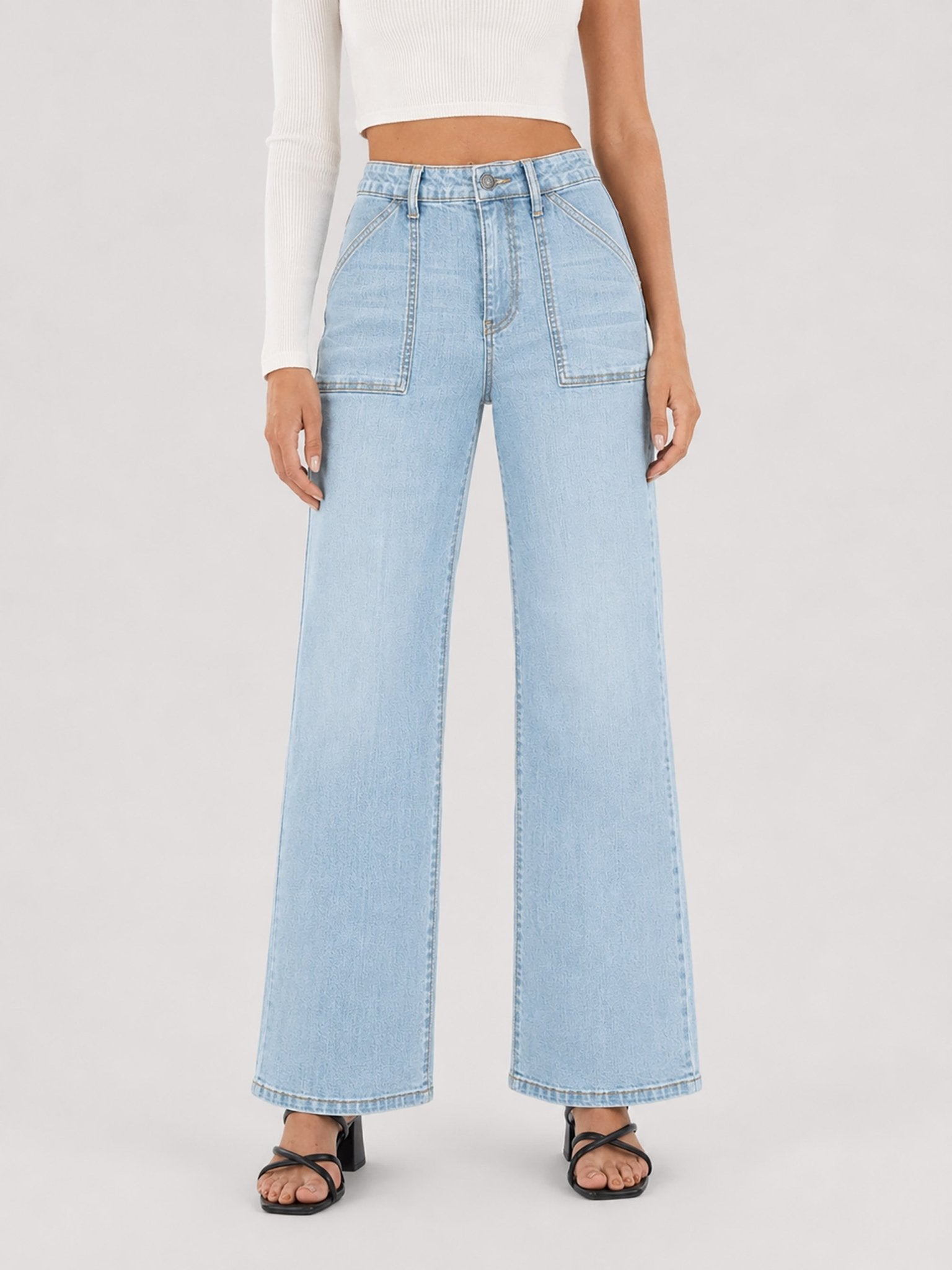 YUCOLEN Women's High Waisted Straight Leg Stretchy Denim Jeans with Pockets in Light Blue