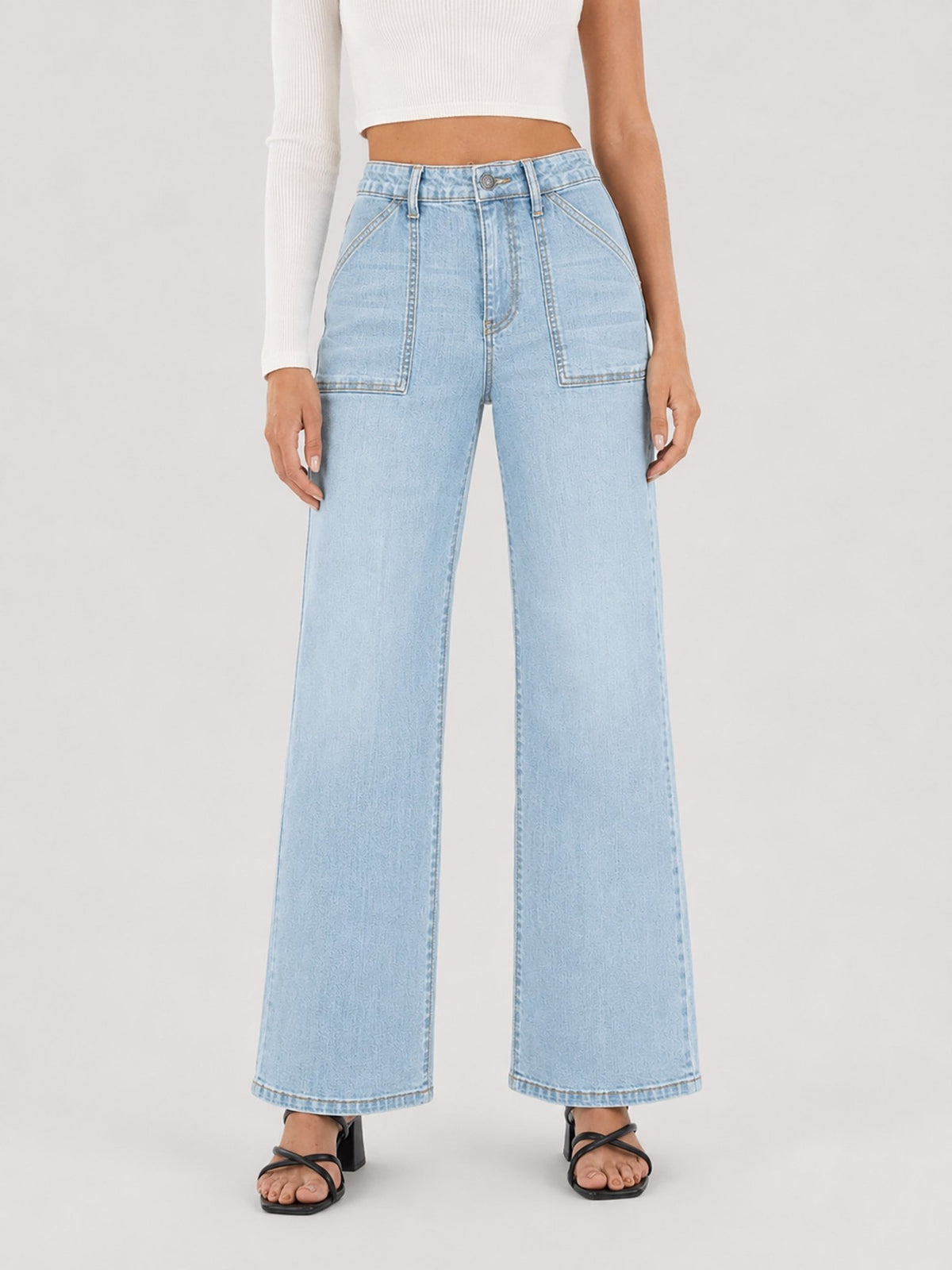 YUCOLEN Women's High Waisted Straight Leg Stretchy Denim Jeans with Pockets in Light Blue