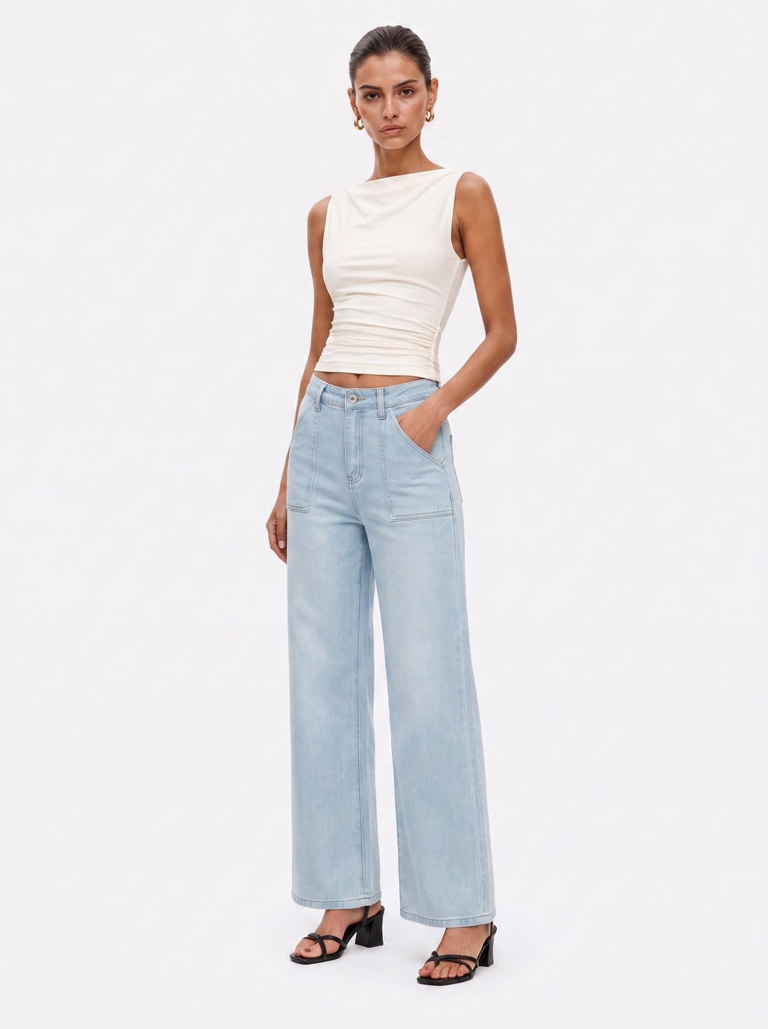 YUCOLEN Women's High Waisted Straight Leg Stretchy Denim Jeans with Pockets in Light Blue