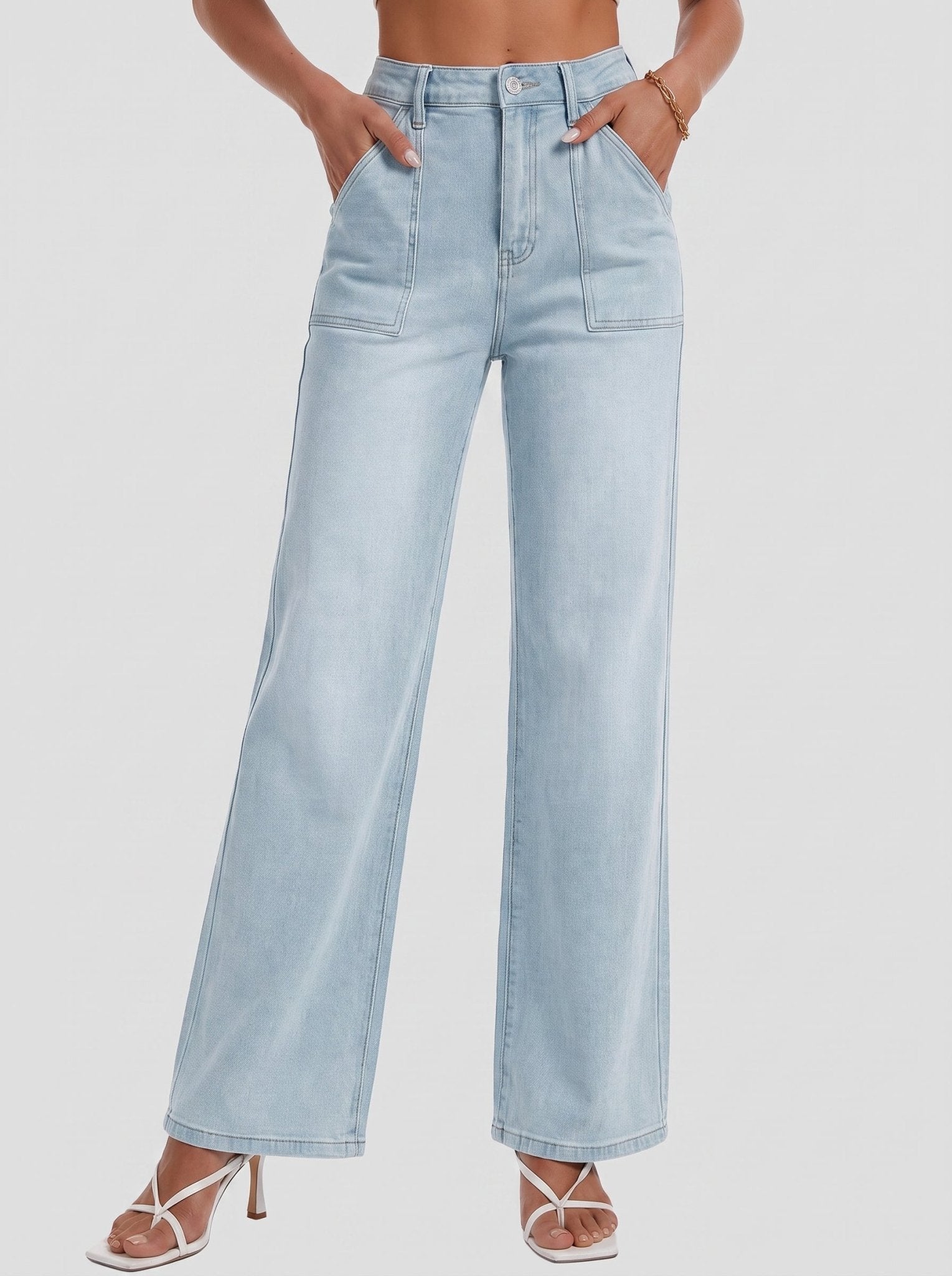 YUCOLEN Women's High Waisted Straight Leg Stretchy Denim Jeans with Pockets in Light Blue
